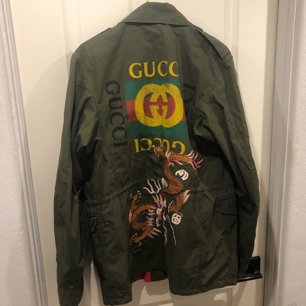$2,500 GUCCI dragon logo military parka